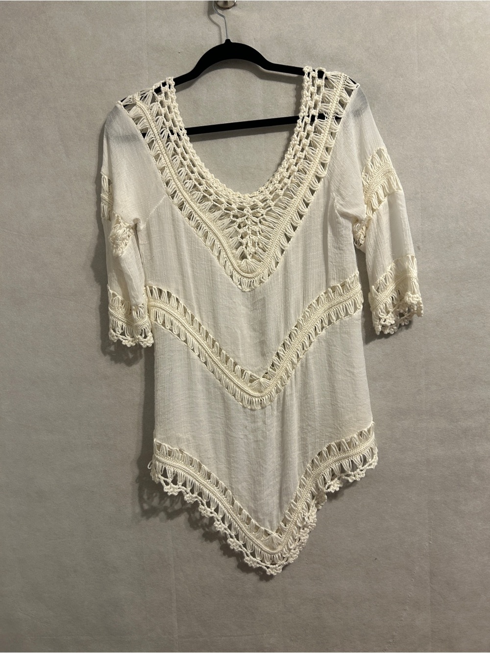 oho Crochet Lace Cream Tunic Top Size M Cottagecore Festival Beachy Sheer Blouse - Picture 3 of 5